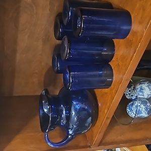 Vintage Cobalt Blue Pitcher & Glass Set